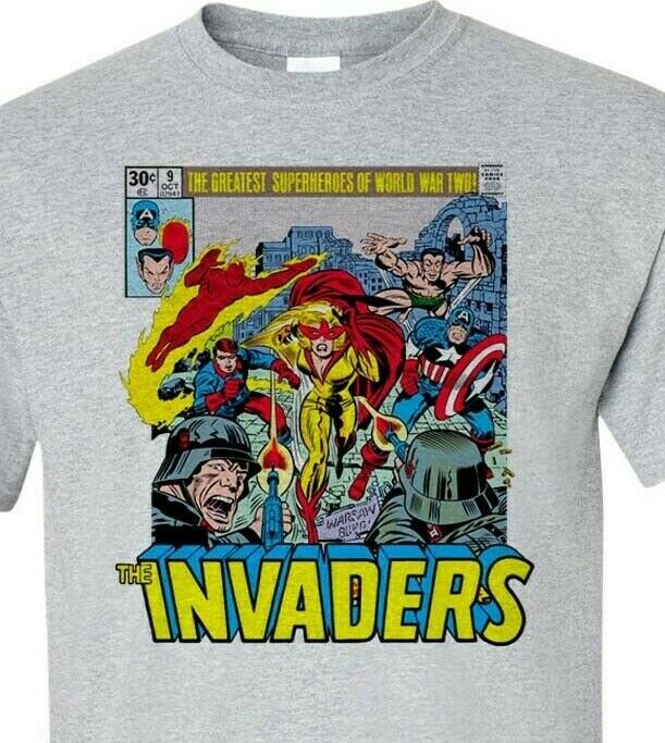 The Invaders T-Shirt Spit Fire Bucky Barnes Sub Mariner 1970s comic books Captain America Silver Agegraphic tee 