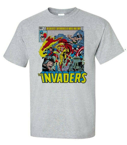 The Invaders T-Shirt Spit Fire Bucky Barnes Sub Mariner 1970s comic books Captain America Silver Agegraphic tee 