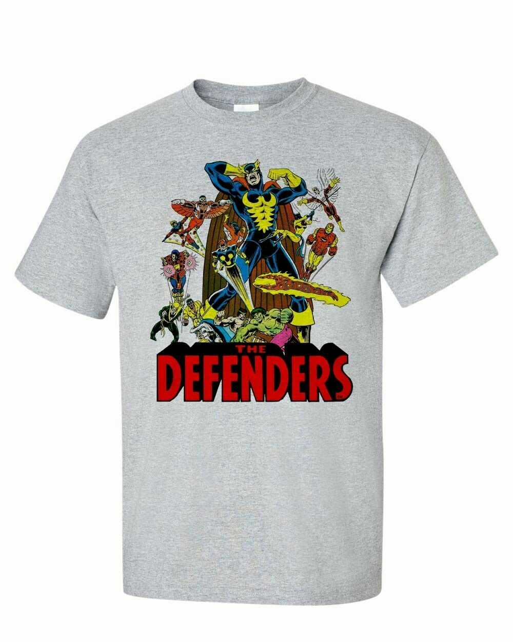 The Defenders T-shirt retro vintage Marvel comics cotton graphic tee Iron Man  Jack of Hearts The Falcon 1972