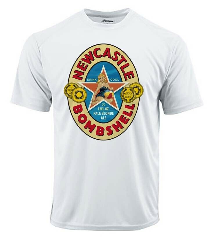 Newcastle Bombshell Dri Fit graphic Tshirt moisture wicking beer beach Sun Shirt