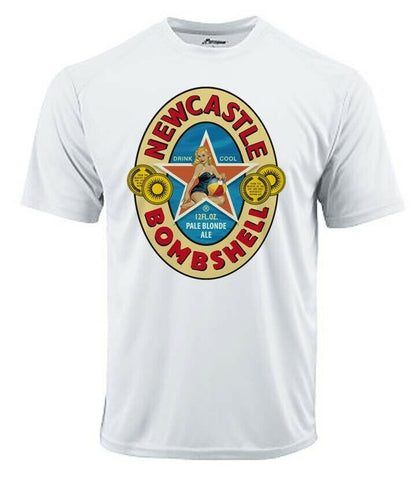 Newcastle Bombshell Dri Fit graphic Tshirt moisture wicking beer beach Sun Shirt