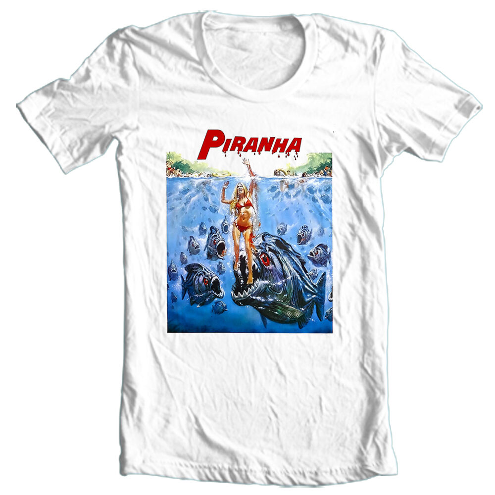 Piranha T-shirt retro 70s horror movie 100% cotton white film free shipping tee